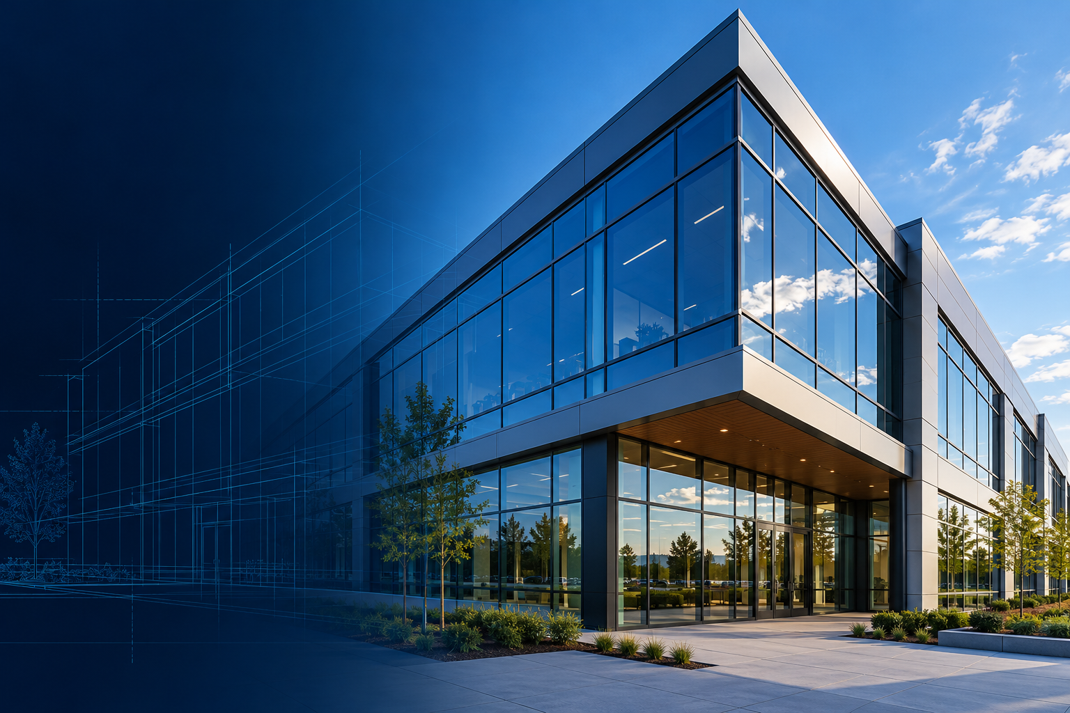 Commercial glass facade with architectural drawing overlay
